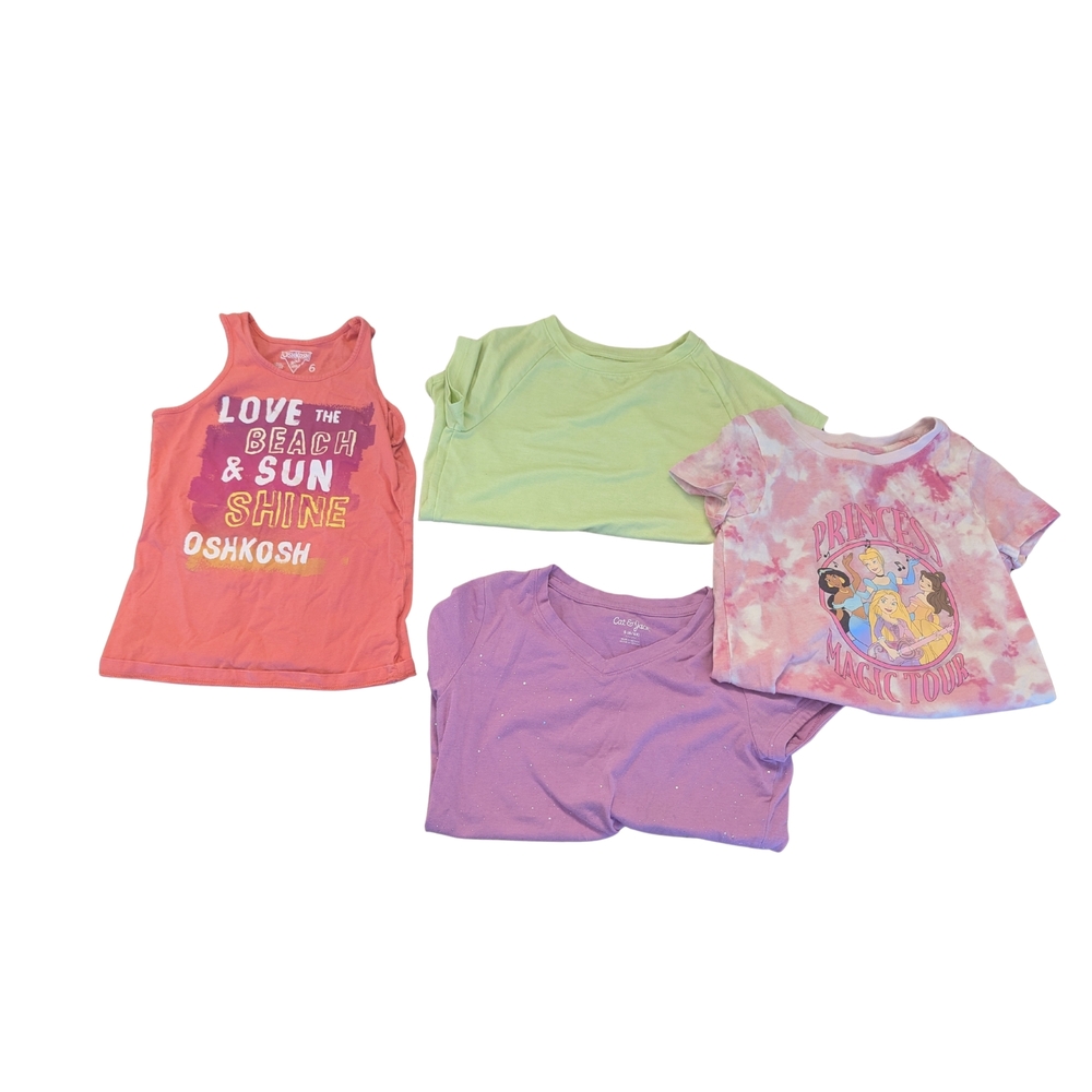 EUC Girls Small 6 6x short sleeve shirt bundle beach Disney princess glitter